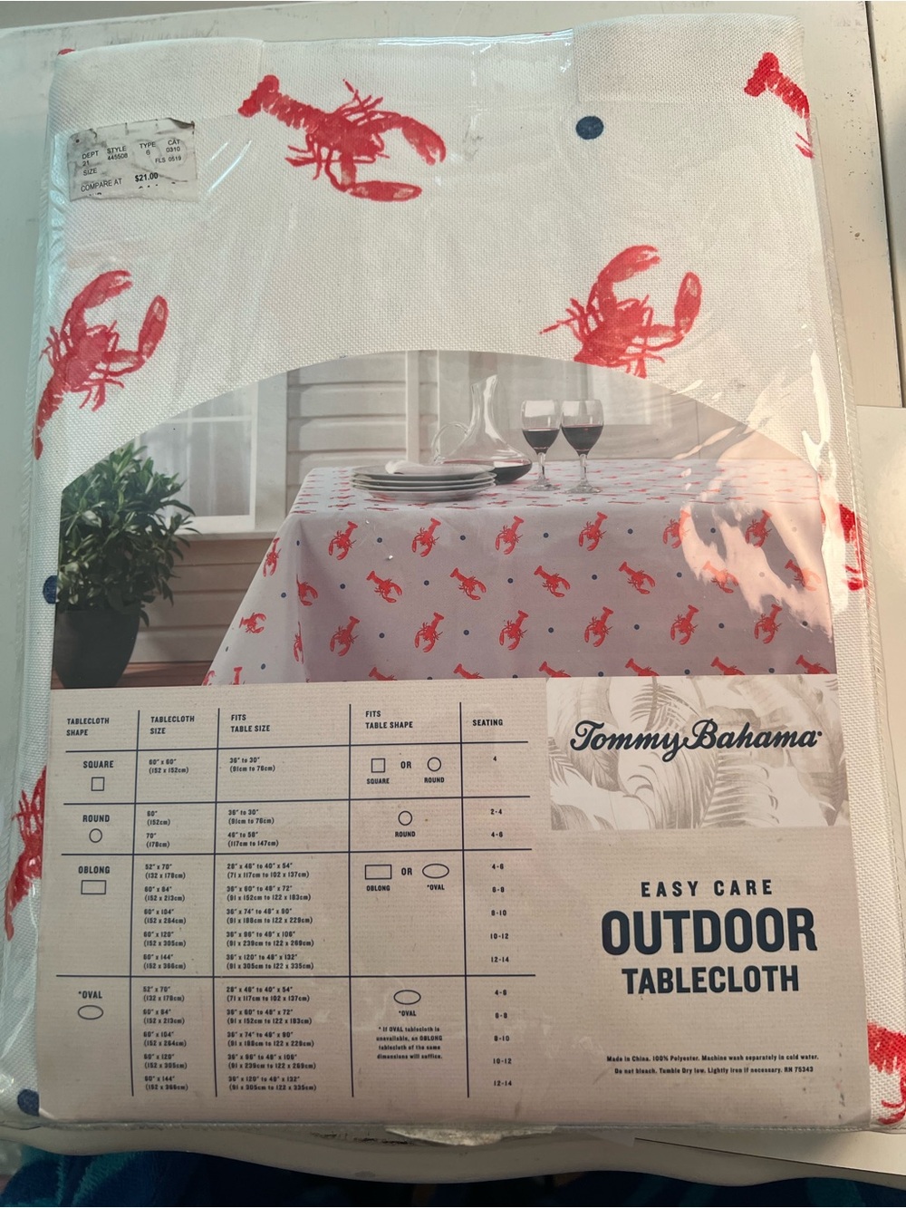 Tommy Bahama White Tablecloth with Red Lobster Motif Oblong 60”x104”